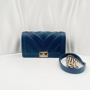 CHANEL Boy Chanel Medium Bag Blue Chevron Quilted Calfskin